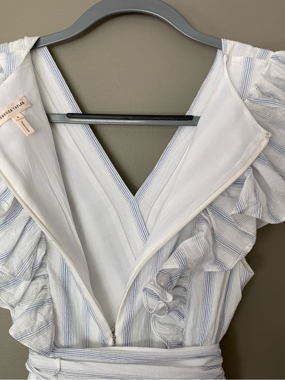 REBECCA TAYLOR Cream and Blue Yarn-Dye Stripe Ruffle Midi Dress Size 6 - Picture 7 of 8